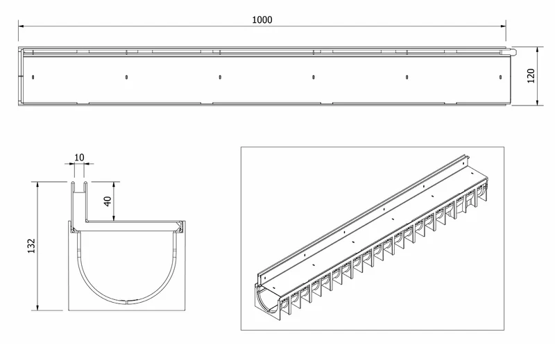 Решетка канализационная без лотка B125 H40 1000x120 мм (сталь оцинкованная) SlotTop  MUFLESYSTEM 4