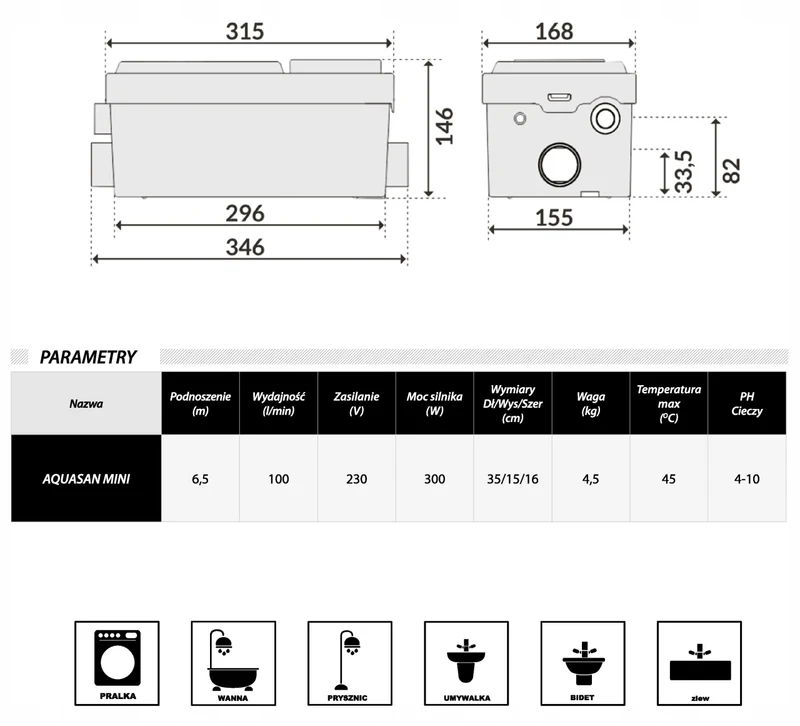 Канализационный насос H=6.5 м, 300W, 220V   SANIBO MINI 3