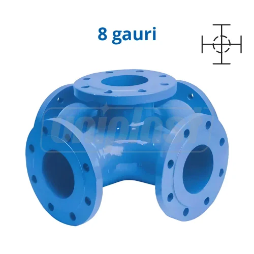 Cruce fonta cu 2 planuri cu flanse pentru hidrant D.200 x 200 x 200 PN16, L=520 mm (8 gauri)  UNV