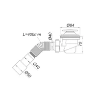 Сифон для душевого поддона D. 1.1/2" x 50 H=70 мм, решетка пластик/хром, с гибкой трубой 40/50 L=400 мм  SOLOPLAST 2