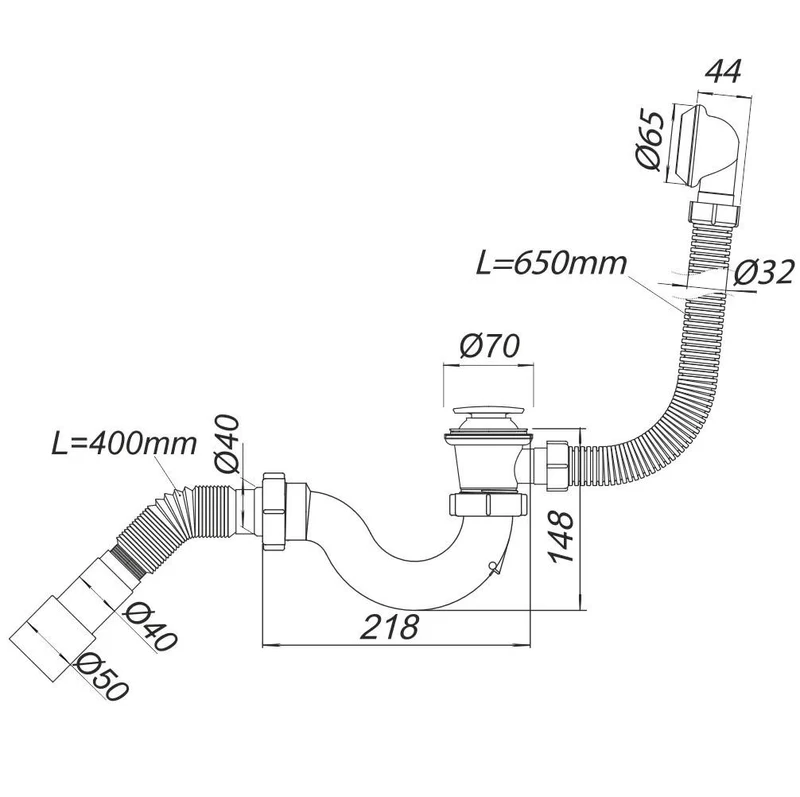 Sifon cada D. 1.1/2" x 40 "S"-tip, click-clack (convex), cu preaplin si furtun gofrat 40/50  SOLOPLAST 2