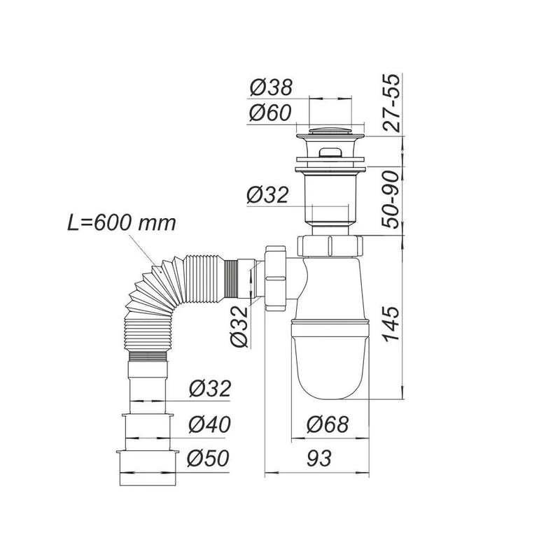 Sifon lavoar tip "butelie" Click-Clack D. 1.1/4" x 32/40/50 cu furtun, L max=600 mm Т0515  SOLOPLAST 2
