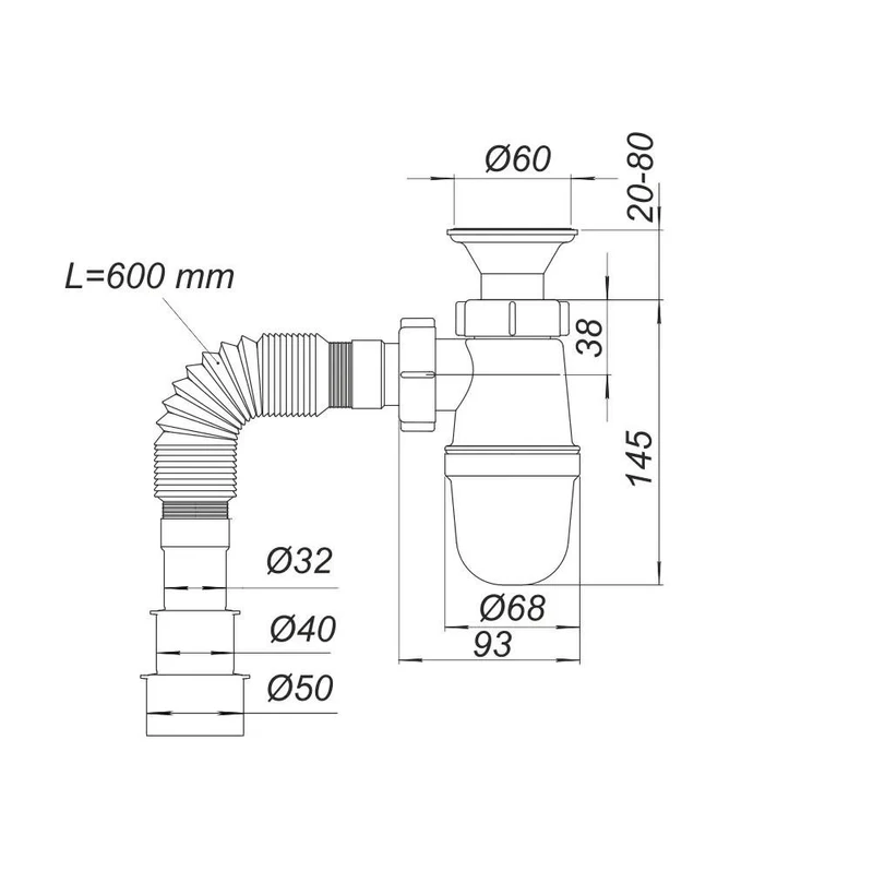 Sifon lavoar gofrat D. 1.1/4" x 32/40/50 ventil inox 60, L=600 mm  SOLOPLAST 2