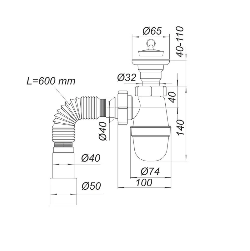 Sifon lavoar tip "butelie" Universal D. 1.1/4" x 50 cu furtun, L max=600 mm У0110  SOLOPLAST 2