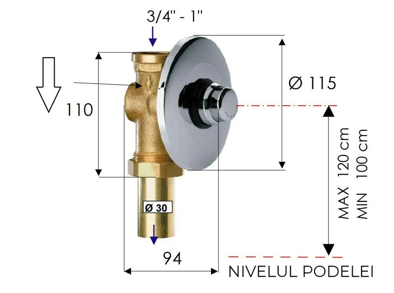 Robinet pentru pisoar vertical  D.1" (3/4")  FI  temporizator  (6-8 sec.)  Art.TE171  REMER 2