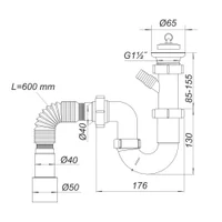 Сифон для мойки прямоточный D. 1.1/2" x 40, c 1 отводом, с гибкой трубой 40/50, L max.=600 мм и пробкой Н0110  SOLOPLAST 2