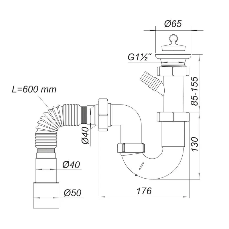 Сифон для мойки прямоточный D. 1.1/2" x 40, c 1 отводом, с гибкой трубой 40/50, L max.=600 мм и пробкой Н0110  SOLOPLAST 2