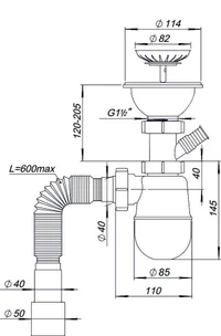 Сифон для мойки бутылочный D. 1.1/2" x 40 с 1 отводом и гибкой трубой 40/50 L max.=600 мм К1140  SOLOPLAST 2