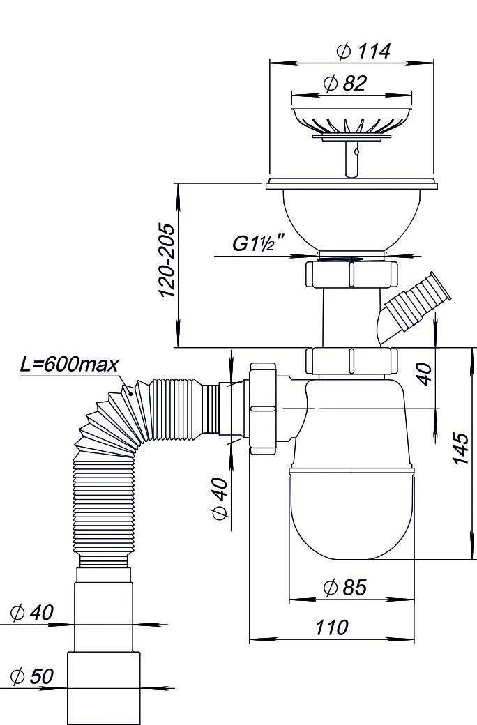 Сифон для мойки бутылочный D. 1.1/2" x 40 с 1 отводом и гибкой трубой 40/50 L max.=600 мм К1140  SOLOPLAST 2