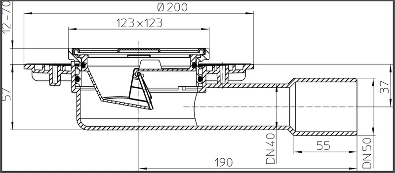 Sifon de pardoseala orizontal PP D. 40/50 pentru balcon/terasa, cu grila inox (123 x 123 mm) HL90.2  HL 2