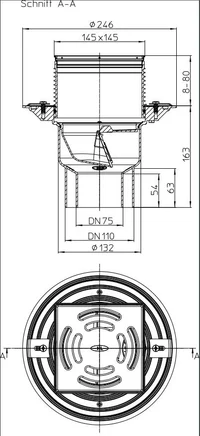 Sifon de pardoseala vertical PP D. 75/110 pentru balcon/terasa, cu grila inox (145 x 145 mm) HL3100T  HL 2