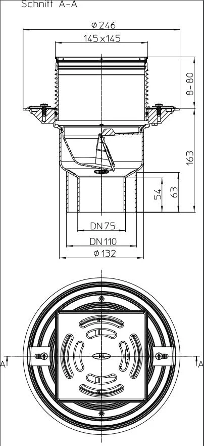 Sifon de pardoseala vertical PP D. 75/110 pentru balcon/terasa, cu grila inox (145 x 145 mm) HL3100T  HL 2
