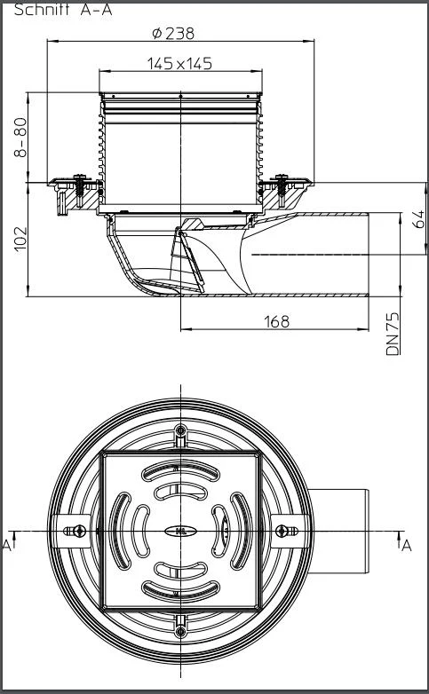 Sifon de pardoseala orizontal PP D. 75 pentru balcon/terasa, cu grila inox (145 x 145 mm) HL5100T  HL 2
