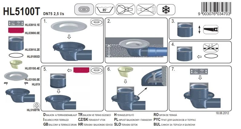 Sifon de pardoseala orizontal PP D. 75 pentru balcon/terasa, cu grila inox (145 x 145 mm) HL5100T  HL 3
