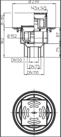 Sifon de pardoseala interior vertical PP D. 50/75/110 cu grila inox (145 x 145 mm) HL3100Pr  HL 2