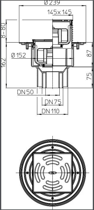 Sifon de pardoseala interior vertical PP D. 50/75/110 cu grila inox (145 x 145 mm) HL3100Pr  HL 2