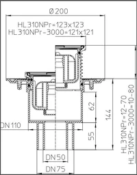 Трап внутренний вертикальный ПП HL310Prblue D. 50/75/110 (сухой) (123 x 123 мм, решетка из нержавеющей стали)   HL 2