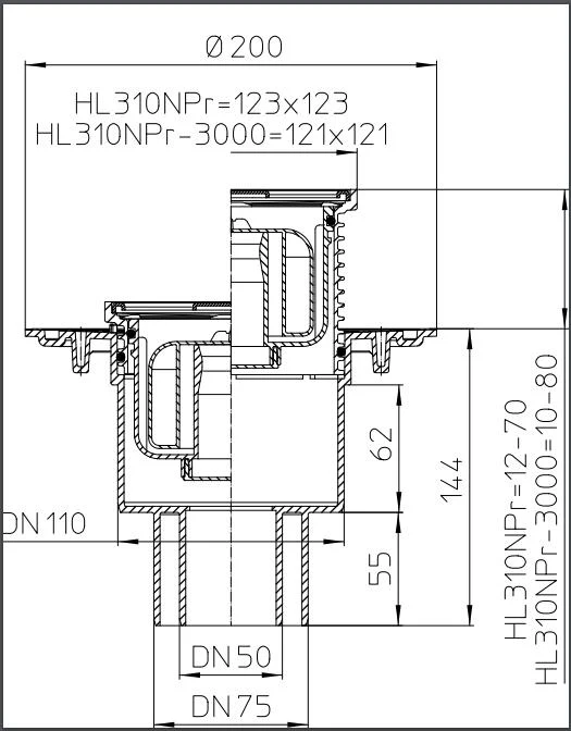 Трап внутренний вертикальный ПП HL310Prblue D. 50/75/110 (сухой) (123 x 123 мм, решетка из нержавеющей стали)   HL 2
