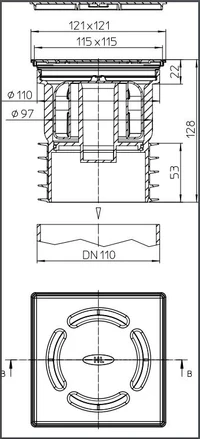 Sifon de pardoseala interior vertical UNIVERSAL PP D.110 cu grila inox (123 x 123 mm) HL73Pr  HL 2