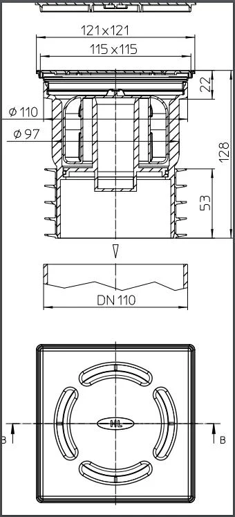 Sifon de pardoseala interior vertical UNIVERSAL PP D.110 cu grila inox (123 x 123 mm) HL73Pr  HL 2
