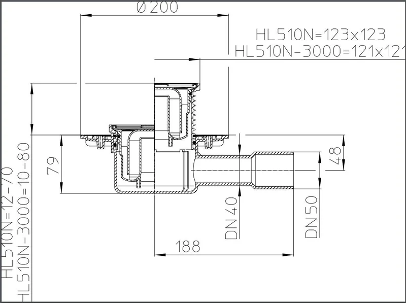 Sifon de pardoseala interior orizontal PP HL510N  HL D. 40/50 cu grila inox (123 x 123 mm)  HL 2