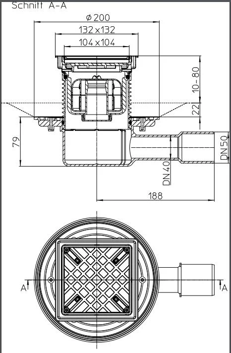 Sifon de pardoseala interior orizontal PP D. 40/50 cu grila inox (132 х 132 mm) HL510NPr-3020  HL 2