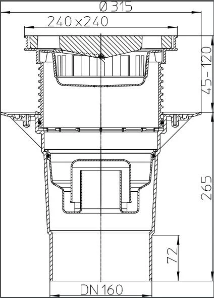 Sifon de pardoseala interior reglabil D.160 cu grila din fonta (240 x 240 mm) 7 t HL616W/5  HL 2