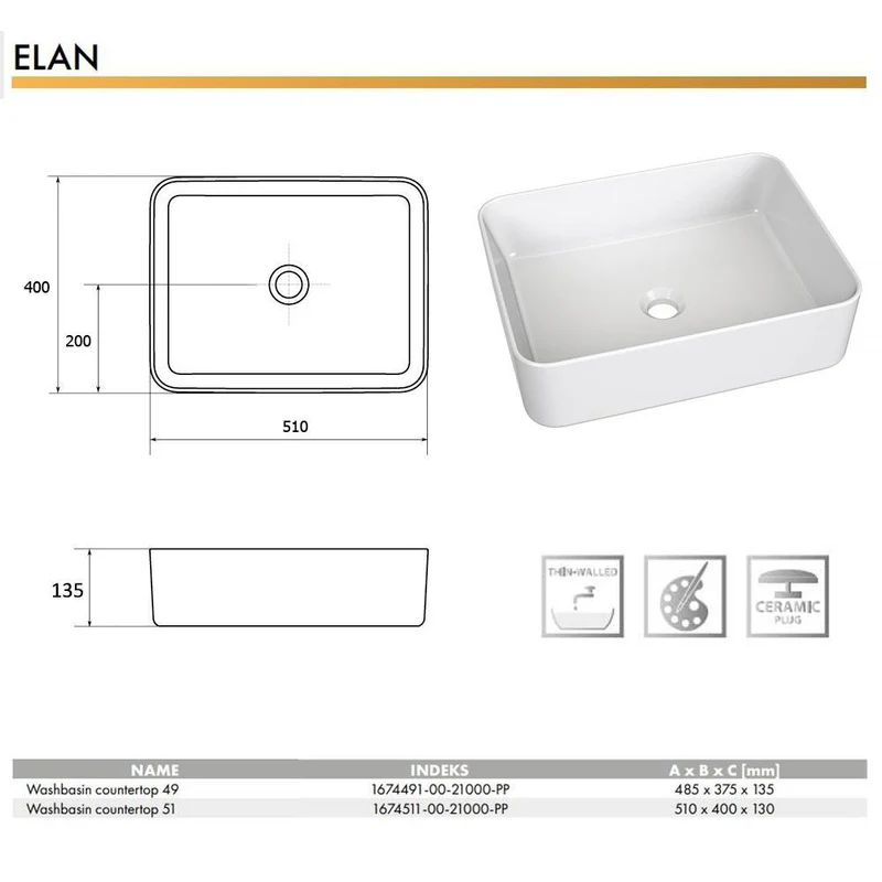 Lavoar ceramica dreptunghiular 49 ELAN (485 x 375 x 135 mm)  CERANO 4