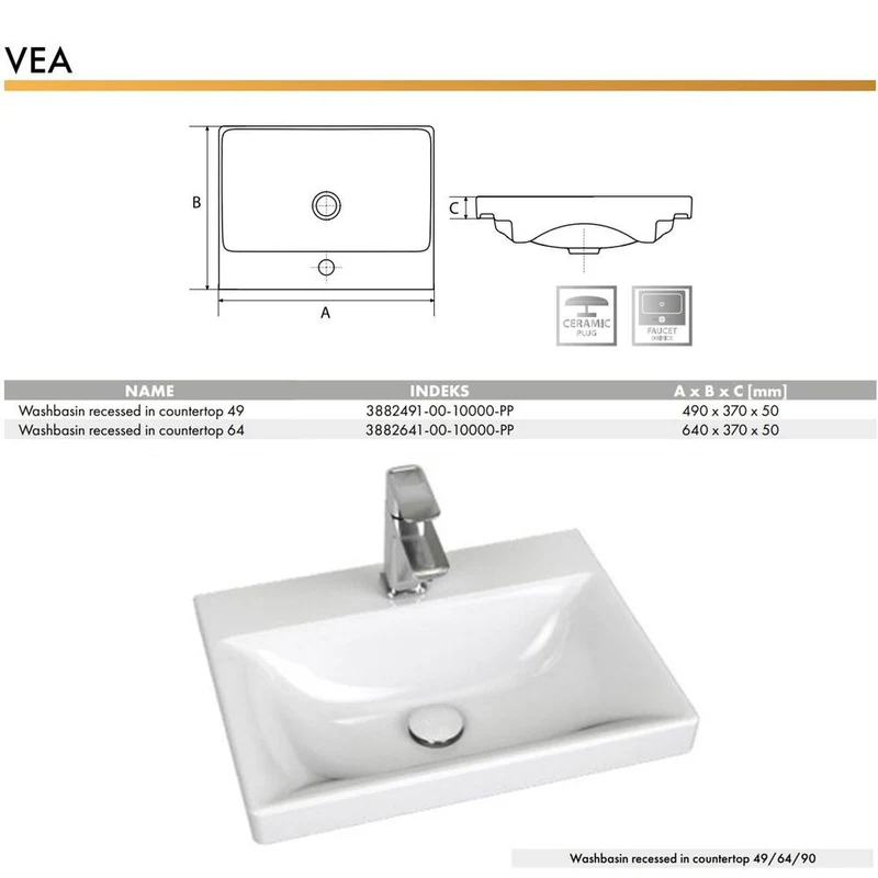 Lavoar ceramica pentru mobilier dreptunghiular 49 VEA (490 x 370 x 50 mm)  CERANO 4