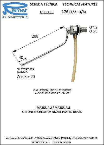 Mecanism WC D. 3/8" supapa flotor orizontal rezervor (Art. 176)  REMER 2