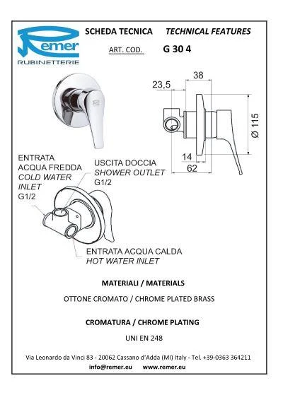 Смеситель для душа скрытого монтажа GIGA 304  REMER 2