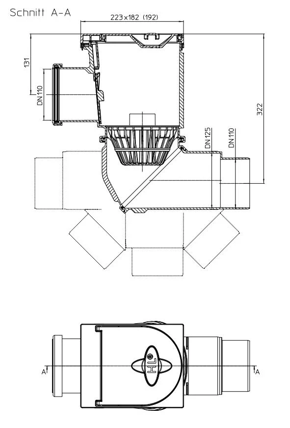 Sifon pardoseala orizontal reglabil  HL600NHO  PP D.110/125 Q=10 L/s (D.110), Q=11 L/s (D.125) HL 2