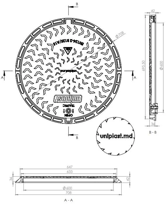 Capac din fonta D.600 EN-124 B125 25 kg cu lacat (633x708x42 mm) IS (TR) 3