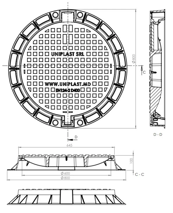 Capac din fonta D.600 EN-124 D400 50 kg cu garnitura din cauciuc (645x792x100 mm) TR 3