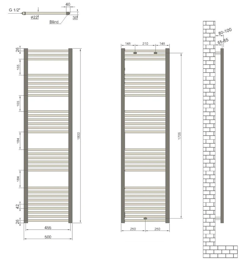 Uscator de prosoape 500 x 1800 mm Flat (crom) Haiti  RADIVA 2
