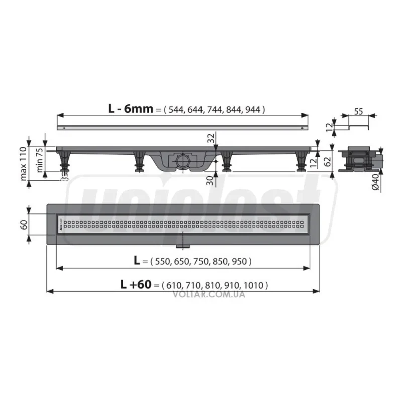 Rigola Liquid L=650 mm, uscat set APZ9-650  ALCAPLAST (10399) 2