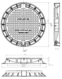 Capac din fonta D.600 EN-124 C250 45 kg cu lacat automat, cu garnitura din cauciuc (645x770x100 mm) TR 3