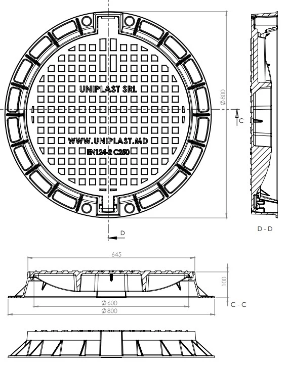 Capac din fonta D.600 EN-124 C250 45 kg cu lacat automat, cu garnitura din cauciuc (645x770x100 mm) TR 3