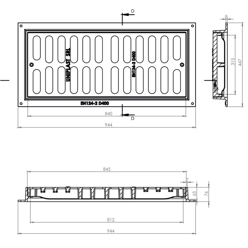 Решетка c рамой чугунная канализационная с замком 315x840x63 мм EN124 D400 (447x944x76 мм) 40 кг IS 3