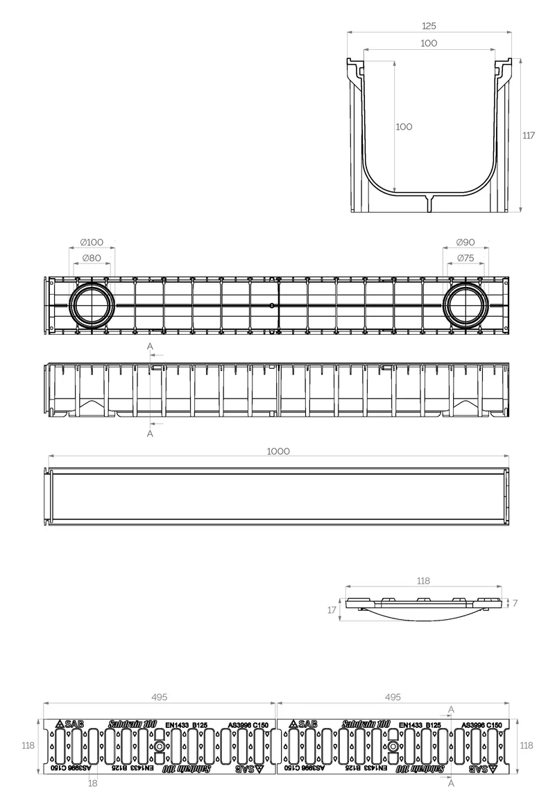 Rigola canalizare PP cu grila din fonta B125 1000x100x100 mm  SAB 4