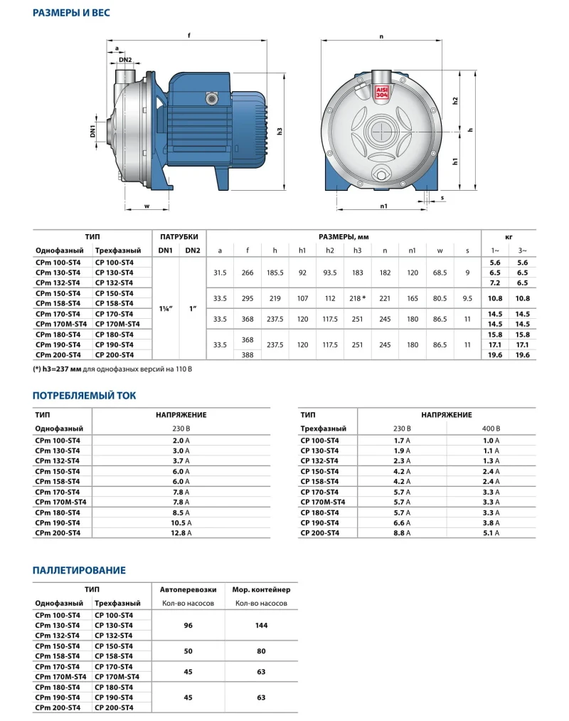 Насос центробежный 1.1 kW CPm 170 нержавеющая сталь AISI 304  PEDROLLO 3