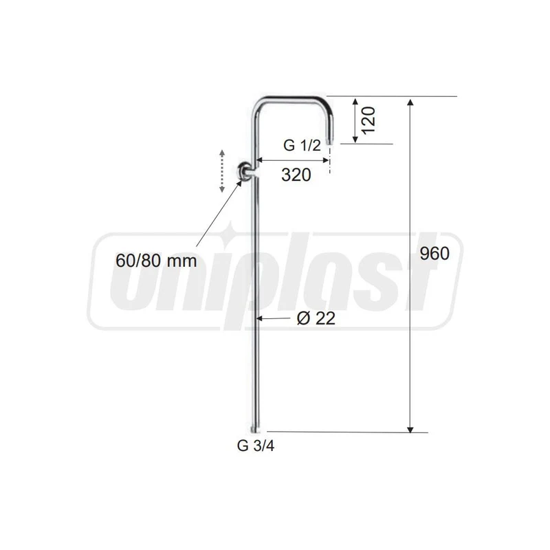 Bara de dus 329X cu suport reglabil dupa inaltime, H=96 cm, 3/4"  REMER 2