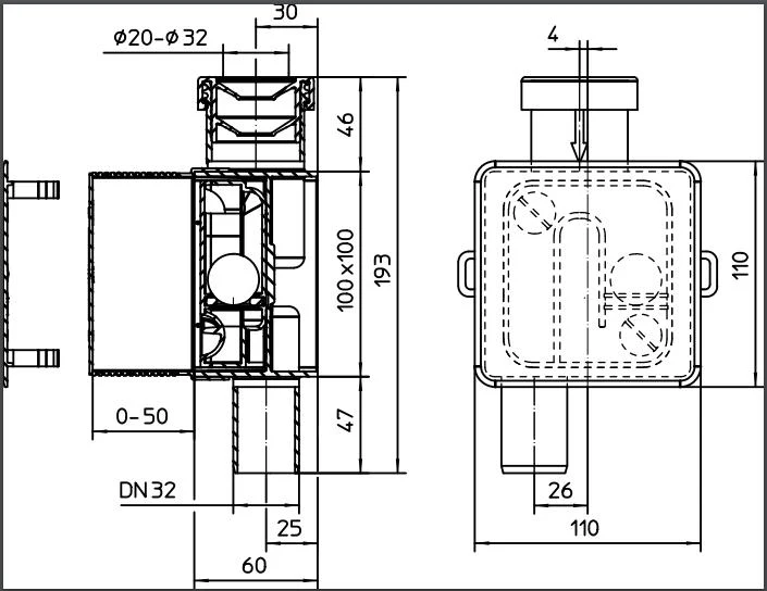 Sifon pentru aparat de aer conditionat, incorporat D. 32 100 x 100 mm HL138  HL 2