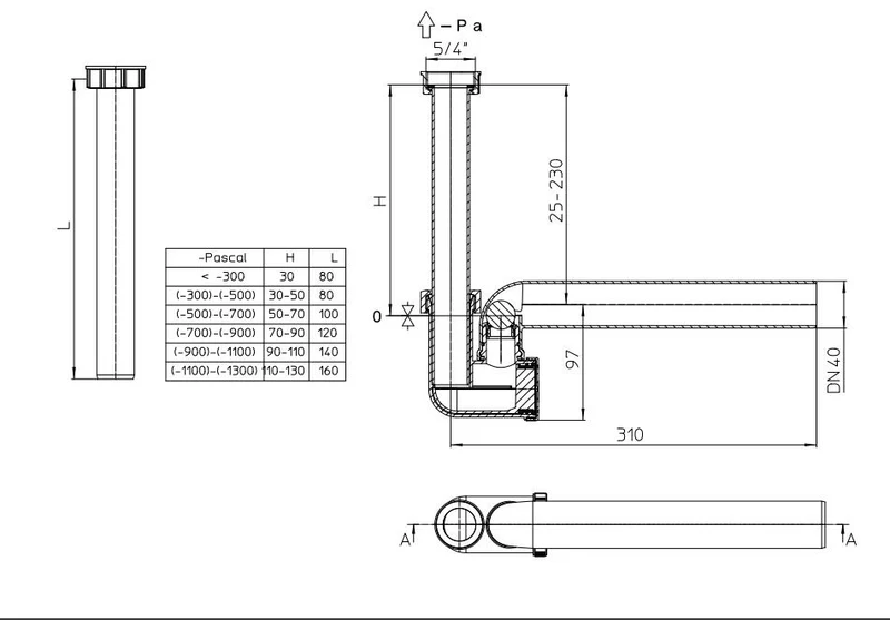 Sifon pentru aparat de aer conditionat, cu garnitura D. 40 orizontal x 5/4" vertical HL136.3  HL 2