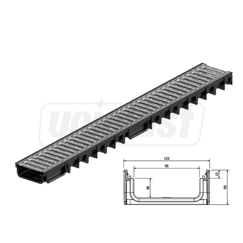 Решетка канализационная с лотком A15 HDPE 4ALL H50 100x30x1000 мм (сталь оцинкованная) EN1433 (D.110, 75, 32)  MUFLESYSTEM 2