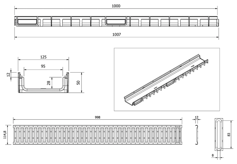 Решетка канализационная с лотком A15 HDPE 4ALL H50 100x30x1000 мм (сталь оцинкованная) EN1433 (D.110, 75, 32)  MUFLESYSTEM 3