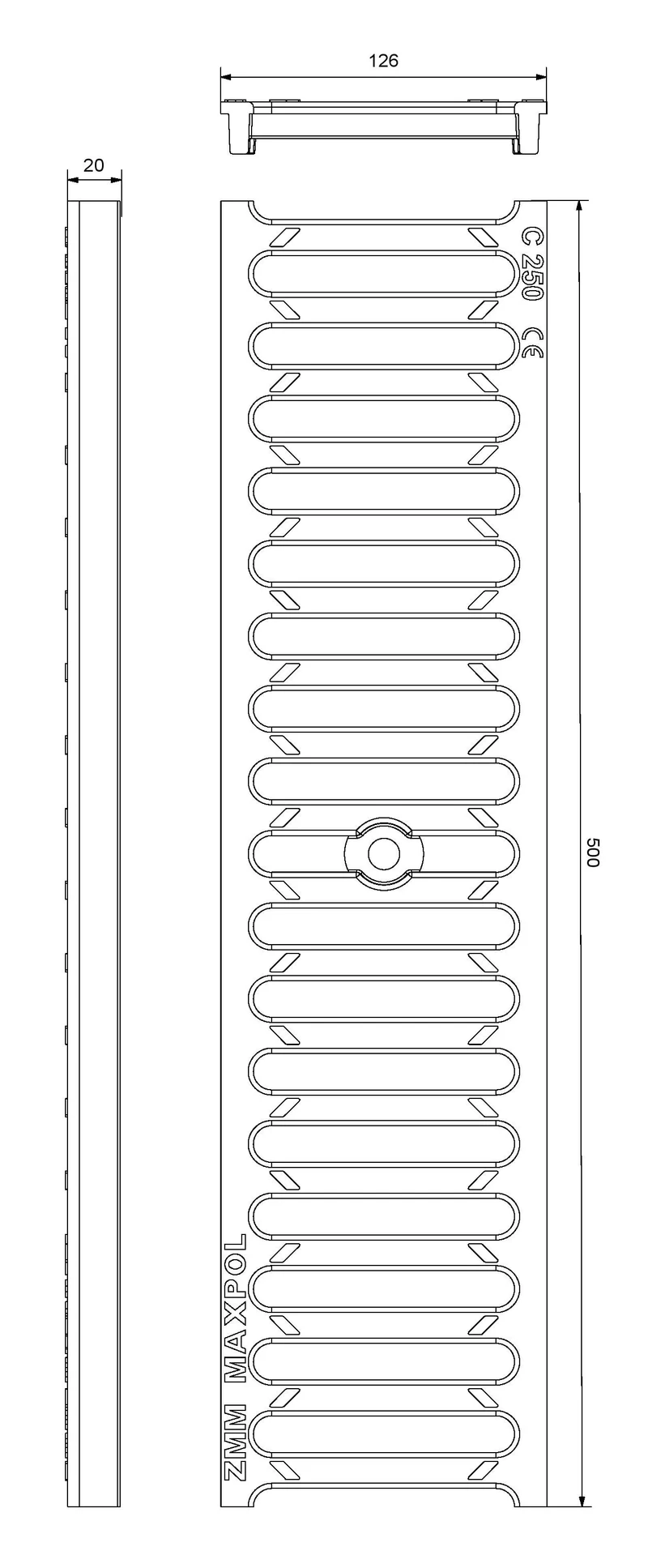 Решетка канализационная чугунная без лотка C250 500x126 мм  ZMM MAXPOL 3