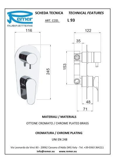 Baterie baie/dus pentru montare ascunsa, cu 3 cai CLASS LINE 93L  REMER 2
