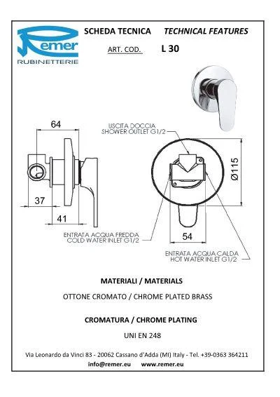 Смеситель для душа скрытого монтажа CLASS LINE 30L  REMER 2