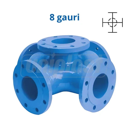 Cruce fonta cu 2 planuri cu flanse pentru hidrant D.150 x 150 x 100 PN16, L=440 mm (8 gauri)  UNV